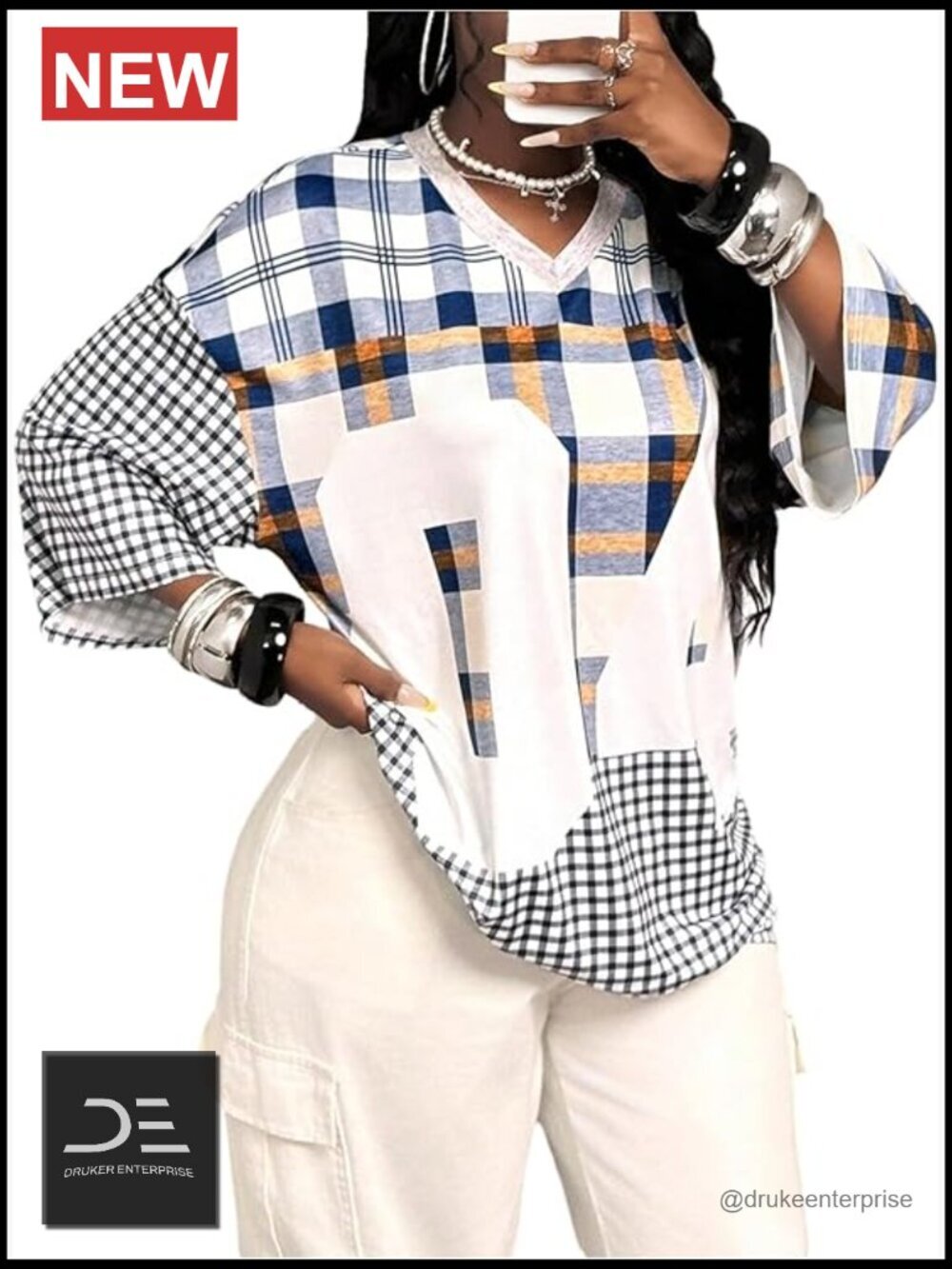 Plaid Number Graphic Jersey T-Shirt V-Neck 3/4 Sleeve Oversized Streetwear Top